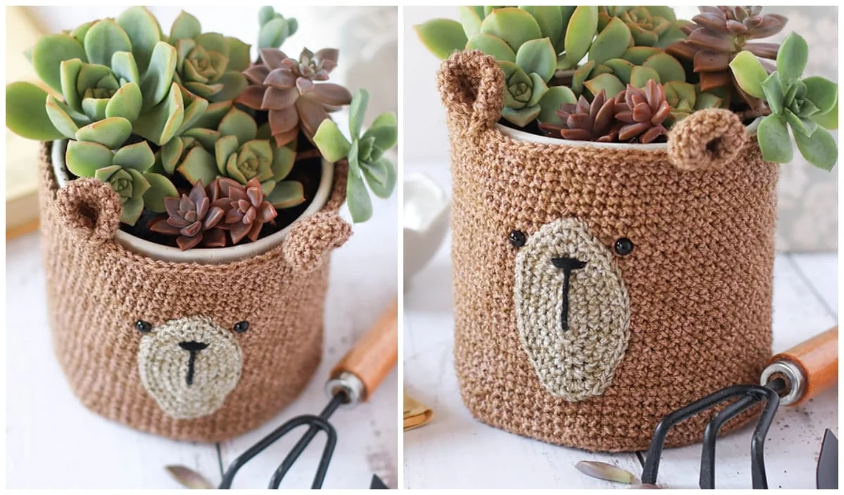 Two side-by-side images of an adorable animal planter cover, showcasing a crocheted bear-themed pot filled with various green and brown succulents. Small gardening tools are placed next to the pot, perfect for those seeking free crochet patterns.