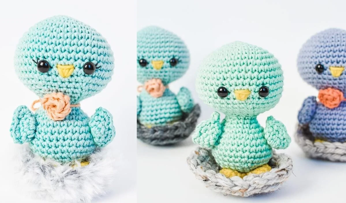 Three crocheted toy birds in pastel colors sit in small woven nests, each with a peach-colored flower, making a delightful addition to any Spring Baby Set.