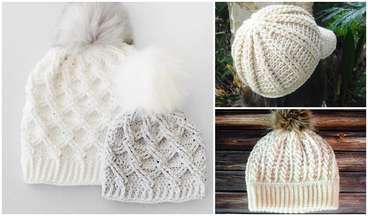 Collage of knitted hats: two white cable hats with pom-poms, one set against a white background, and two cream-colored hats, one worn and showcasing intricate textures. Discover the charm of these styles with free crochet patterns.