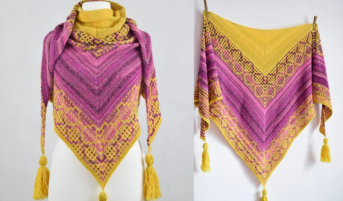 Displayed elegantly on a mannequin and hanging on the wall, this shawl features stunning yellow and purple patterns that capture attention. Its intricate design is a testament to the endless possibilities found in freeing crochet patterns.