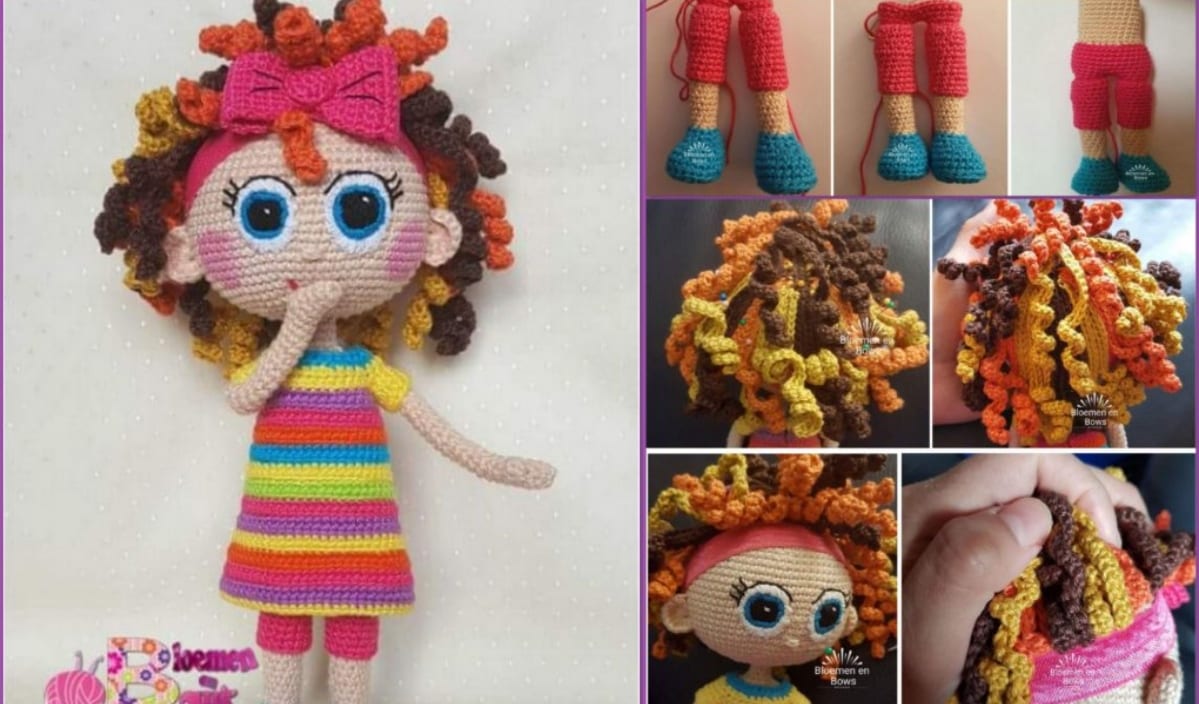 Crocheted amigurumi doll with a colorful striped dress and curly hair, shown in different stages of assembly. Close-ups highlight the intricate patterns in the hair and body details.