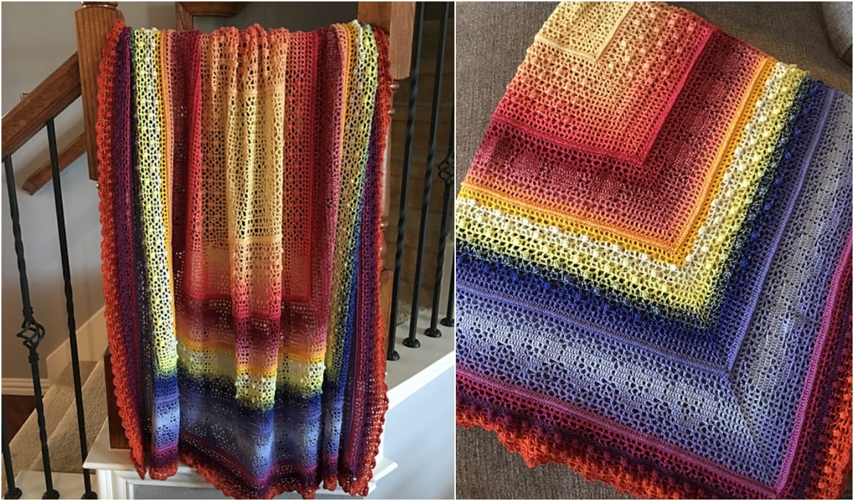 A rainbow colored crocheted shawl hanging on a staircase.