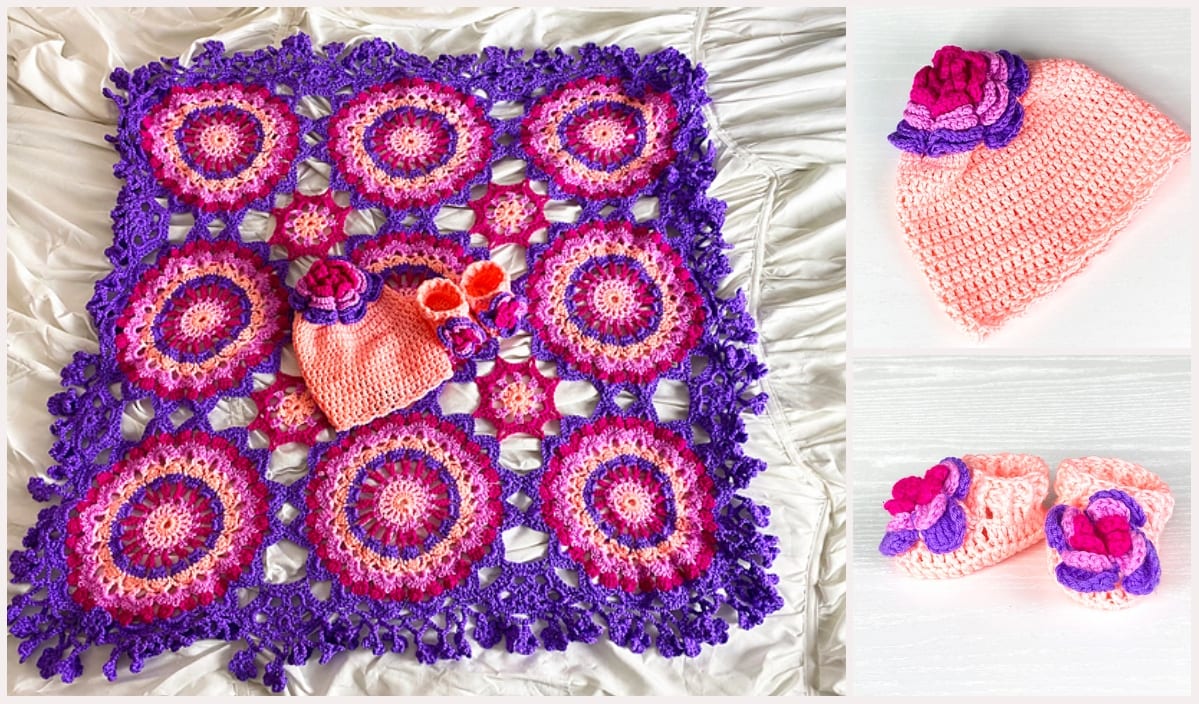 Discover our delightful crocheted baby set, complete with a blanket, hat, and booties in vibrant pink, purple, and orange hues. Featuring charming floral patterns, this set is perfect for your little one. Explore free crochet patterns to craft your own unique masterpiece.