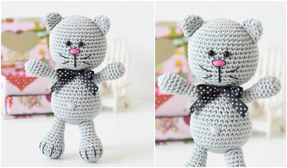 A crocheted gray bear with a black polka dot bow stands in front of a colorful box, perfect for those inspired by free crochet patterns.