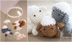 On display are a charming crocheted sheep mobile and three plush lamb toys in white, brown, and gray. Perfect for any nursery decor, these delightful creations bring the magic of crochet patterns to life.