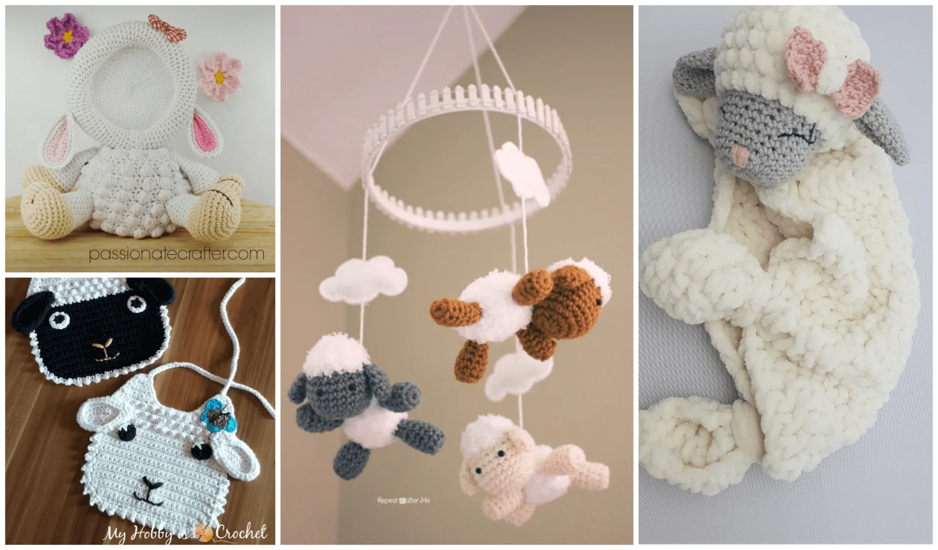 Amazing collage of crocheted sheep-themed items: a delightful bunny sheep, an adorable lamb mobile, a cozy lamb lovey, and charming sheep coasters make for a perfect baby lamb set.