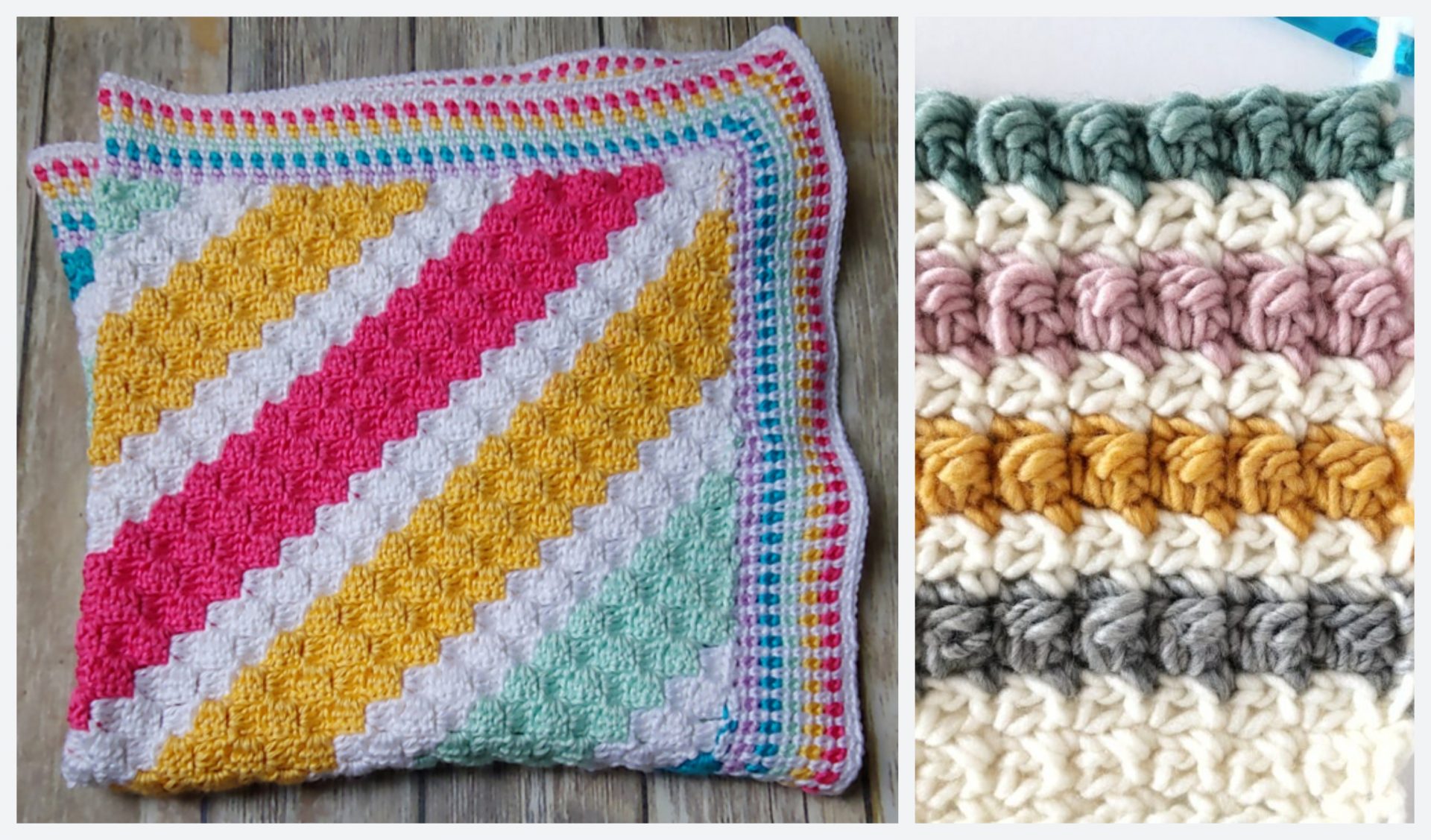 Two crochet blankets: a Stripe Baby Blanket with diagonal rainbow stripes and a colorful border; another with horizontal pastel stripes, both inspired by Free Crochet Patterns.