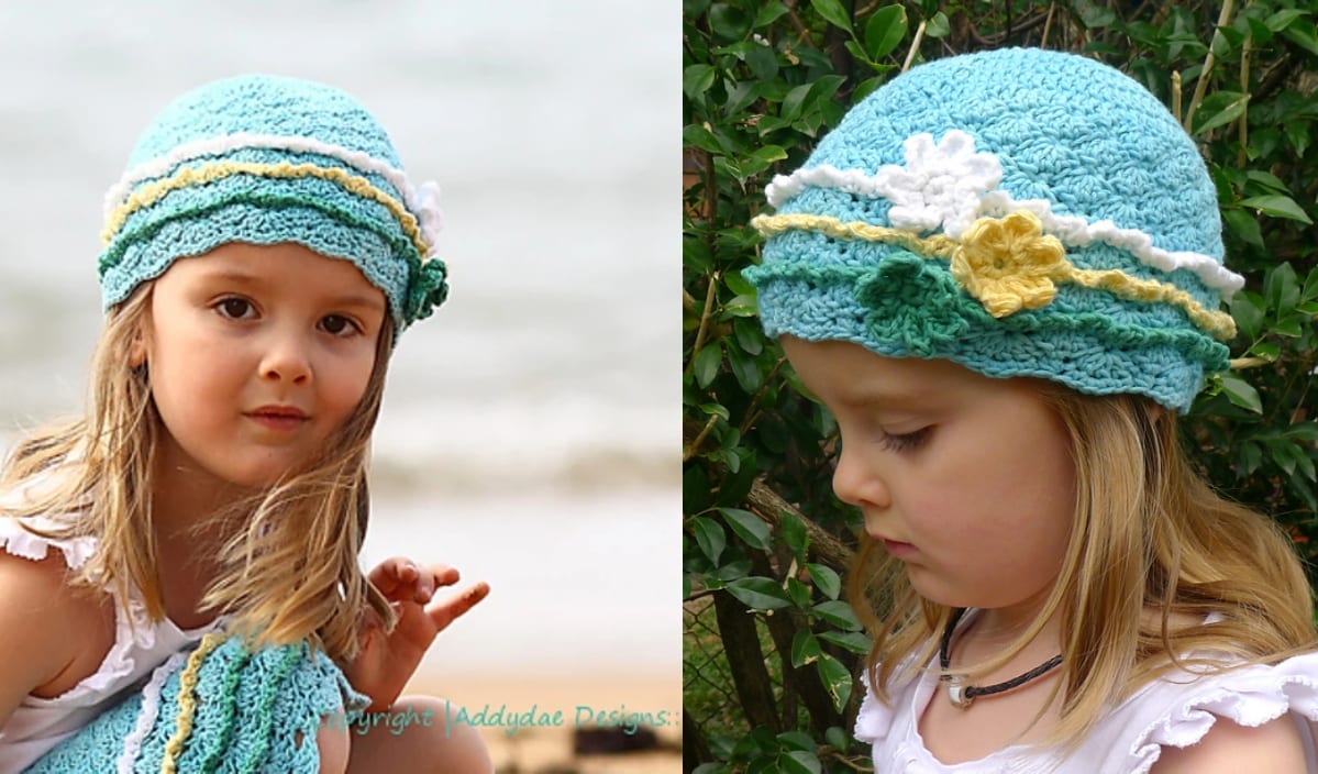 A young girl wears a blue summer hat adorned with flower details, showcasing intricate crochet patterns. On the left, she stands on a beach, while the right side captures her side profile against a leafy backdrop.