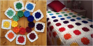 Flower Square Blanket in rainbow colors arranged in a circle on the left. On the right, a blanket with a similar pattern covers a bed, showcasing delightful crochet patterns.
