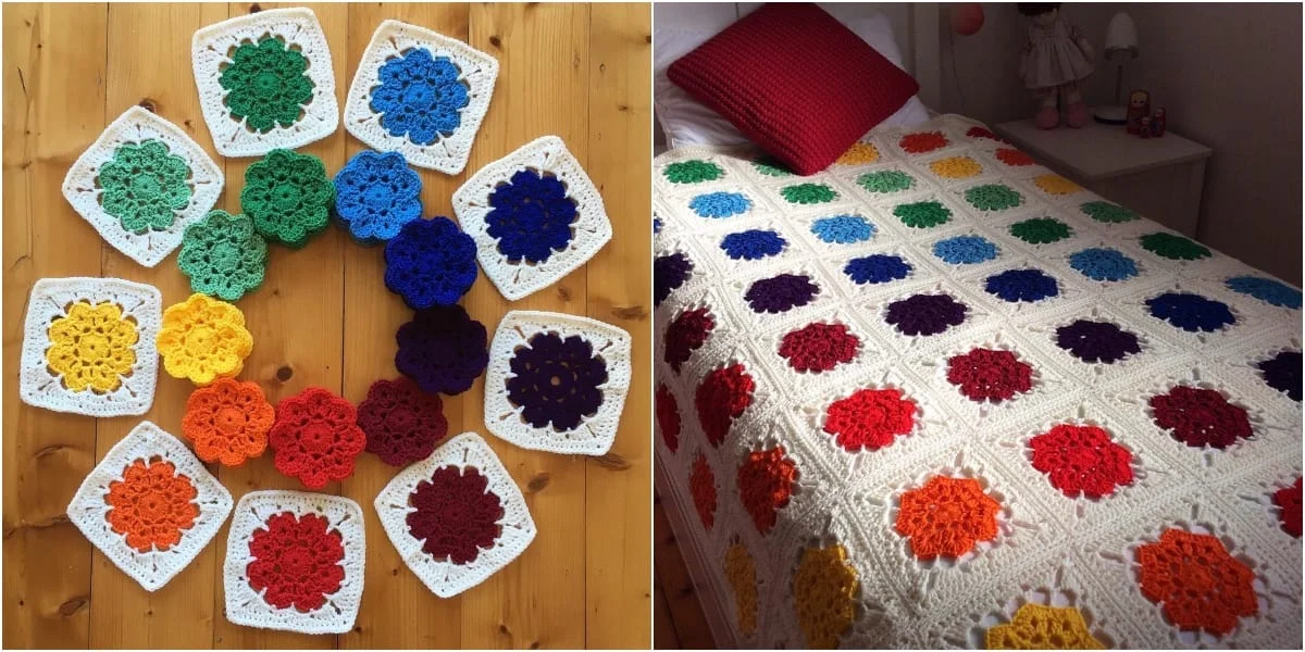 Flower Square Blanket in rainbow colors arranged in a circle on the left. On the right, a blanket with a similar pattern covers a bed, showcasing delightful crochet patterns.