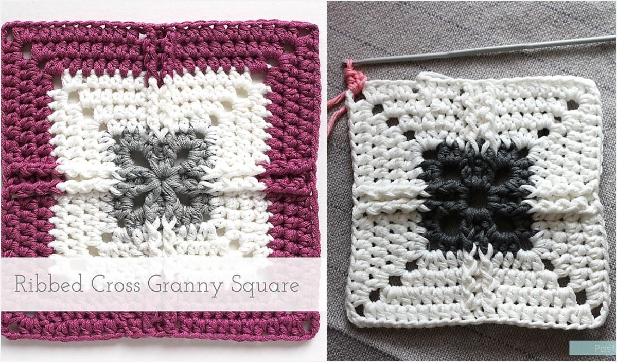 The Crochet Pattern features two ribbed cross granny squares: one completed in purple, gray, and white, and another in progress using black and white yarn alongside a crochet hook.