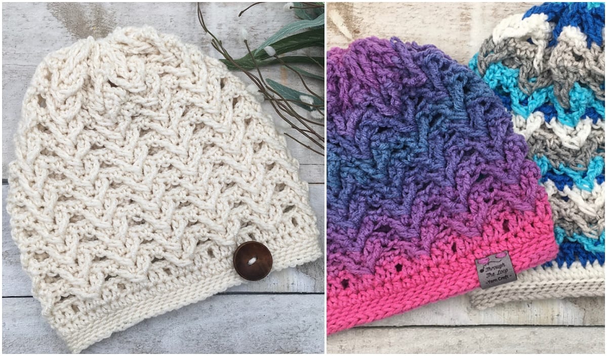 Two knitted hats: one cream-colored with a button, and two bright slouchy hats in purple-pink and blue-gray patterns are displayed on a wooden surface. These cozy pieces are perfect for winter-ending days.