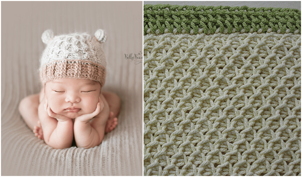 A baby wearing a knitted bear hat, peacefully sleeping with hands under chin. Close-up of a textured antique smock stitch fabric beside the baby.