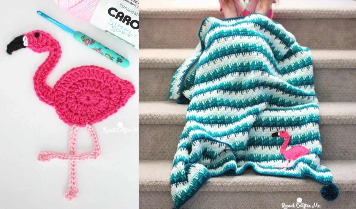 A crochet hook with yarn lies beside a finished pink flamingo on the left. On the right, a person sits on stairs holding a teal and white blanket adorned with an animal applique of a pink flamingo, showcasing free crochet patterns.