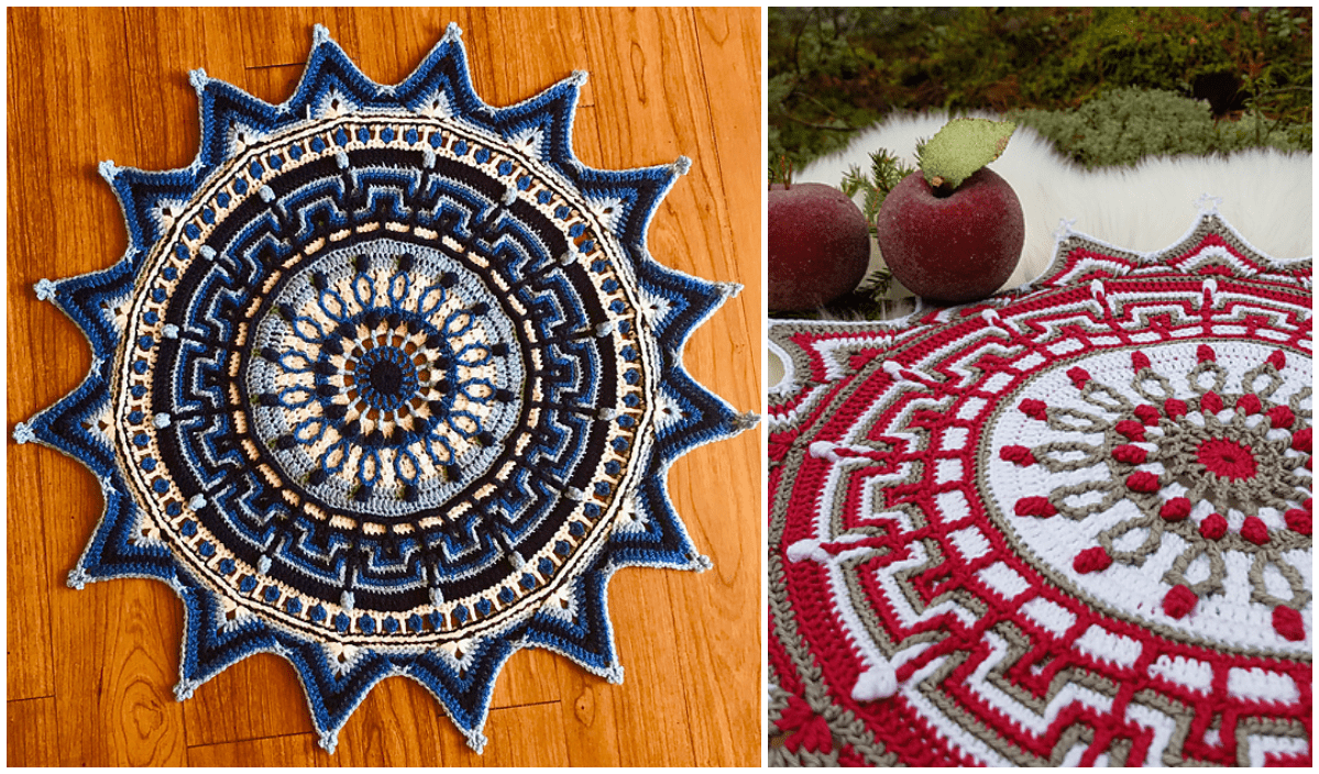 Two intricately crocheted mandalas capture the eye: the left one features a star-shaped design in blue, white, and beige resting on wood; the right one is a vibrant red, white, and green doily adorned with textured fruit decorations on grass.