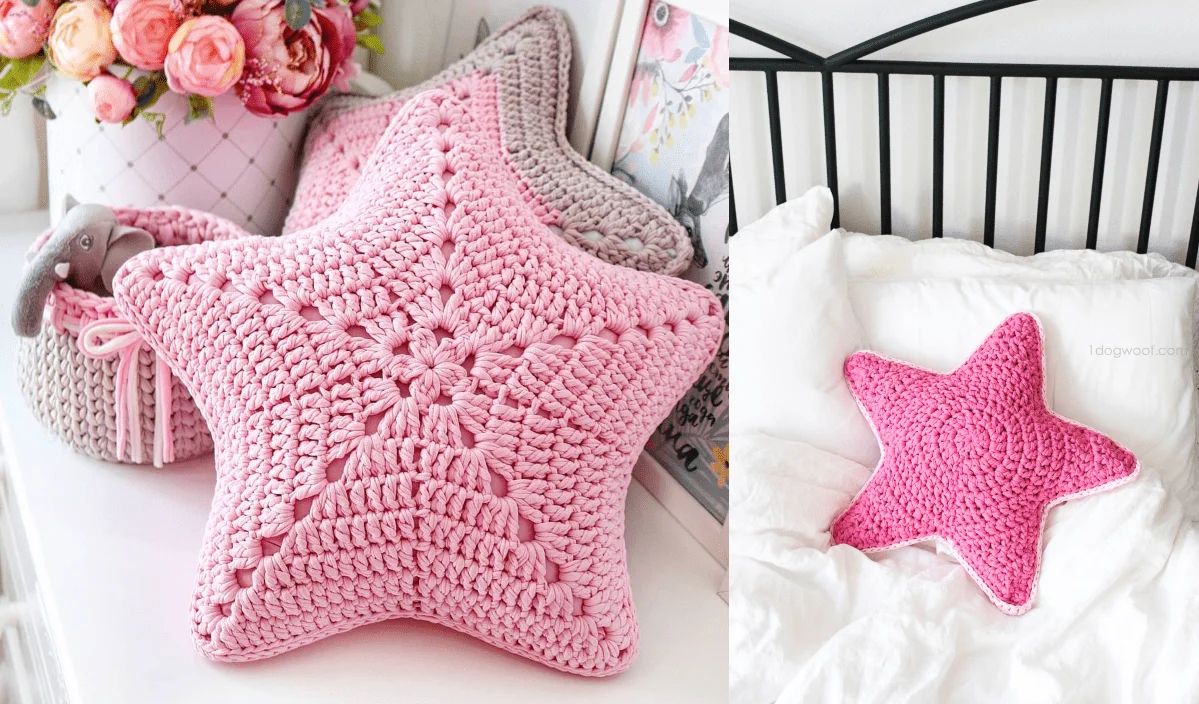 Crocheted pink star-shaped pillows add a whimsical touch to the bed, nestled among flowers and a decorative basket, offering inspiring ideas for a cozy setting.