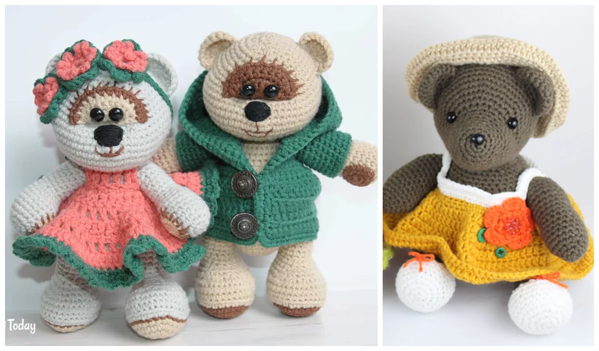 Discover the charm of these crocheted bears: two stylishly dressed in colorful outfits and another seated elegantly in a yellow dress and hat. Perfect for those who love bear crochet patterns.