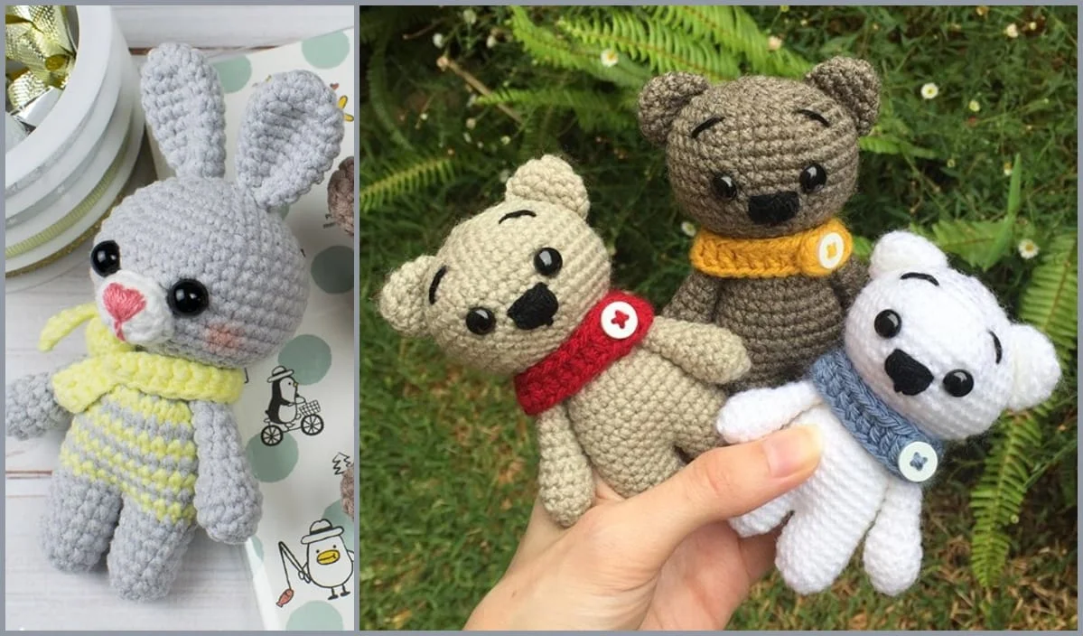 A gray rabbit with a yellow scarf and three tiny bears, each in colorful buttoned scarves, are delicately crocheted and displayed against a green backdrop. Explore free crochet patterns to create your own charming collection.