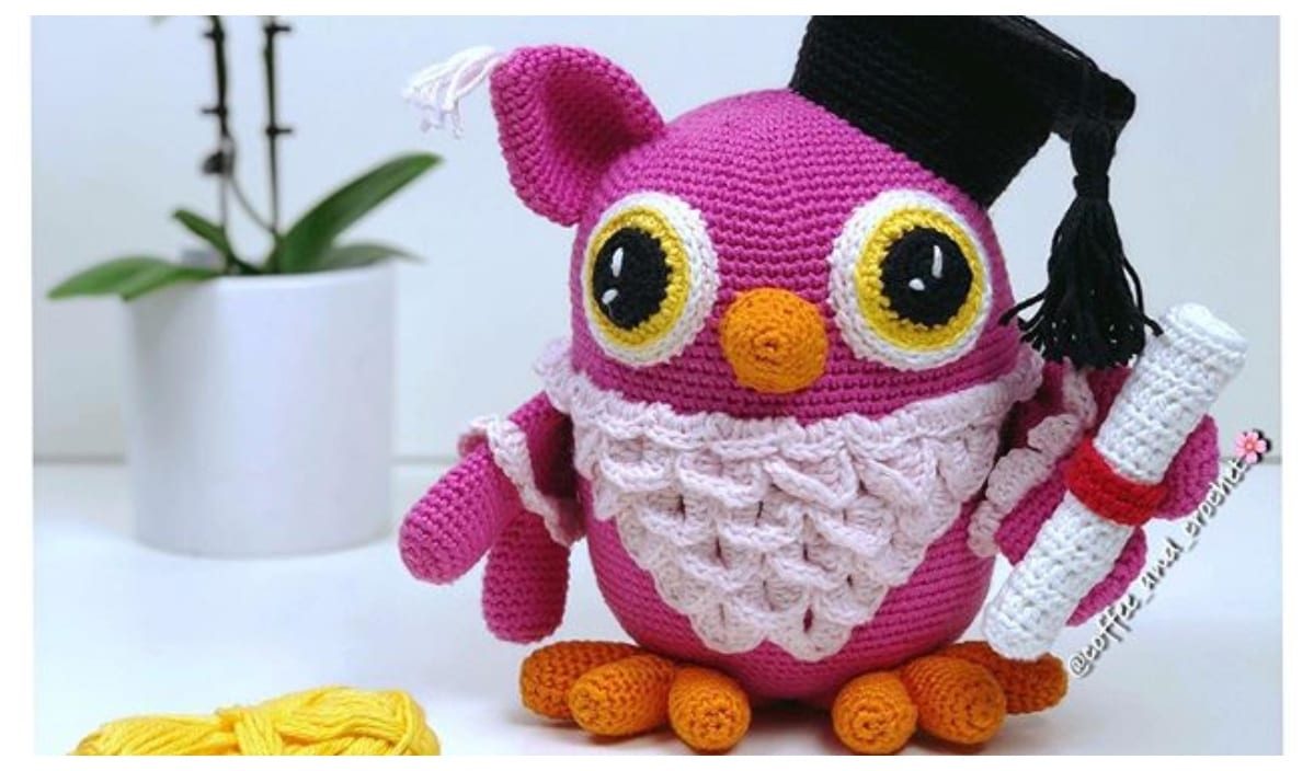 Graduation Owl: a crocheted pink owl with a graduation cap, proudly holding a diploma. In the background, you'll find a vibrant plant and yellow yarn, perfect for sparking inspiration for more free crochet patterns.