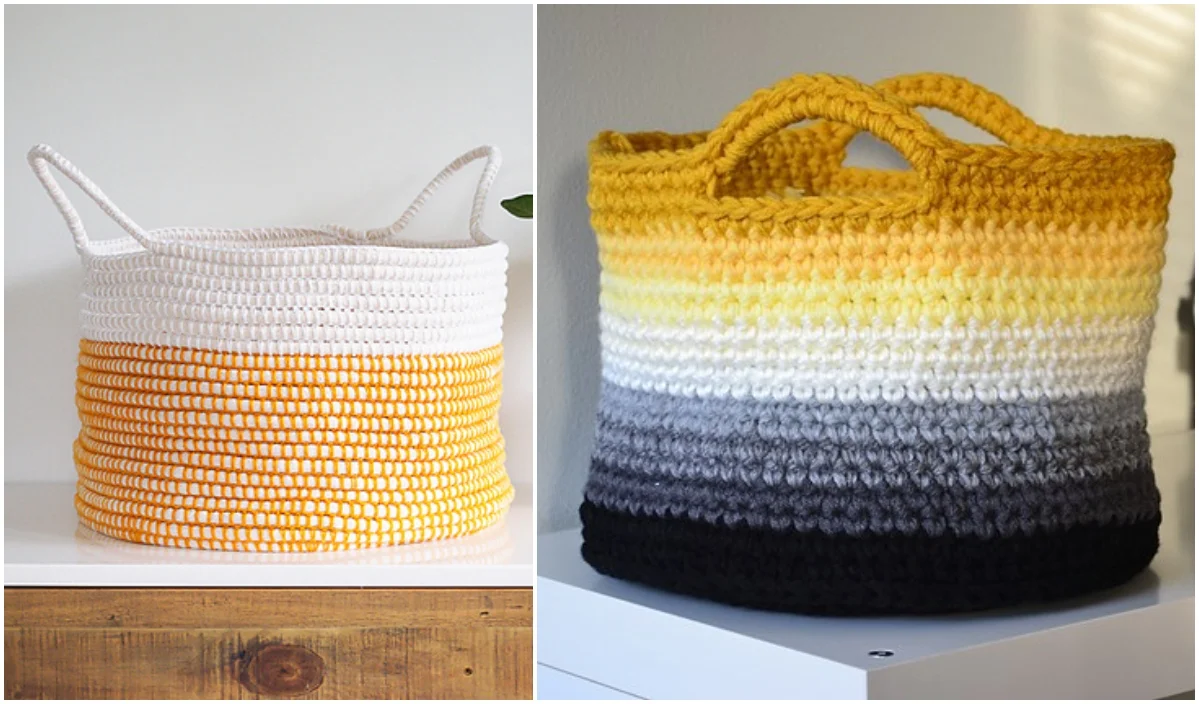 Two crochet baskets, ideal for stocking yarn, are showcased side by side. The left one features vibrant bands of white, orange, and yellow. The right basket boasts a striking gradient from yellow to black. Both have handles and rest elegantly on white surfaces.