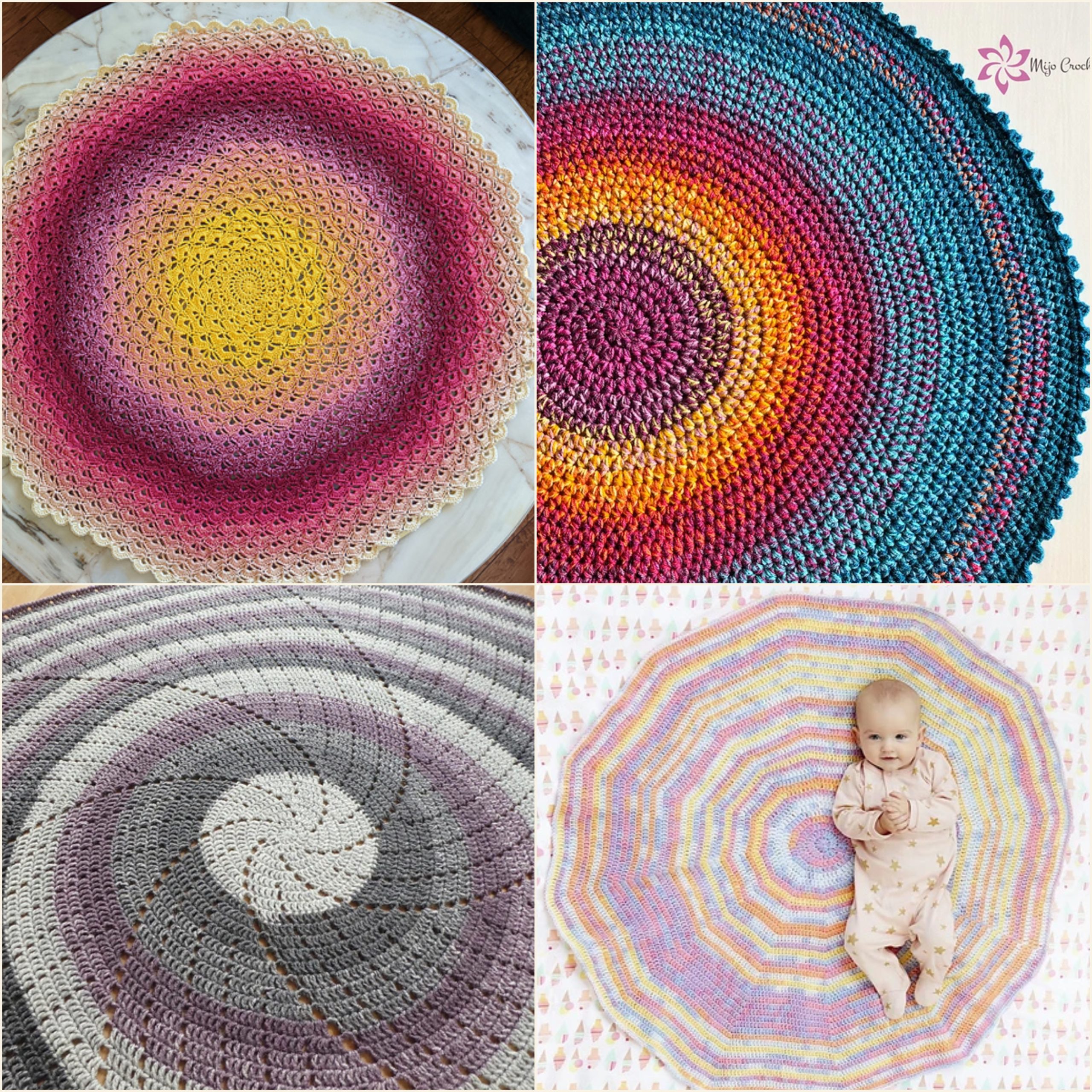 A collage of four different crochet circle blanket patterns with varying colors and designs, one featuring a baby lying on top.