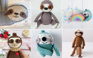 A collage of six adorable amigurumi sloth toys, each in unique poses and accessorized to charm, displayed on vibrant backgrounds.