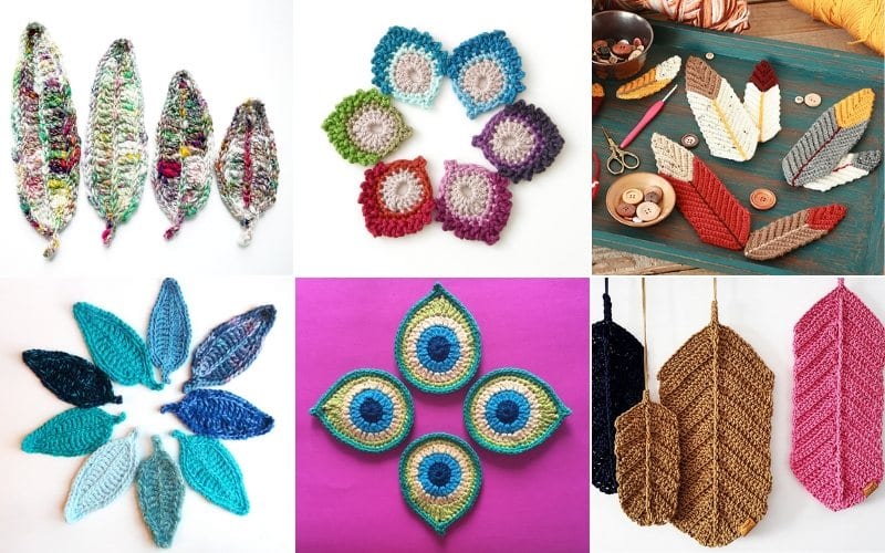 A collage of six images showcasing beautiful appliques in vibrant crochet designs, featuring leaves, round patterns, and textured shapes with intricate feather appliques, all displayed on diverse backgrounds.