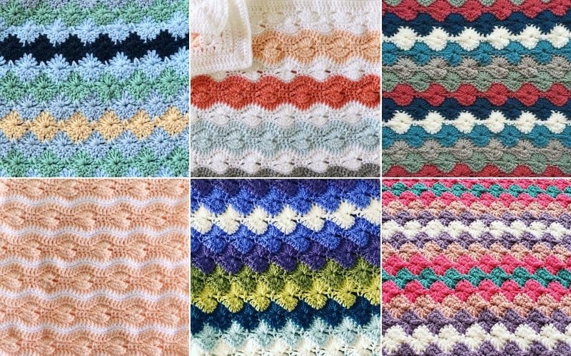 A collage of six crochet blanket patterns in vibrant colors and designs, featuring wavy and scalloped stitches. Among these beautiful crochet projects, you’ll find the intricate Catherine Wheel Stitch adding an extra touch of elegance.