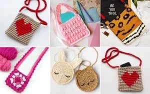 A collage of six crochet purses showcases creative ideas with playful designs, including hearts, pink textures, a tiger face, floral patterns, and charming animal faces perfect for kids.