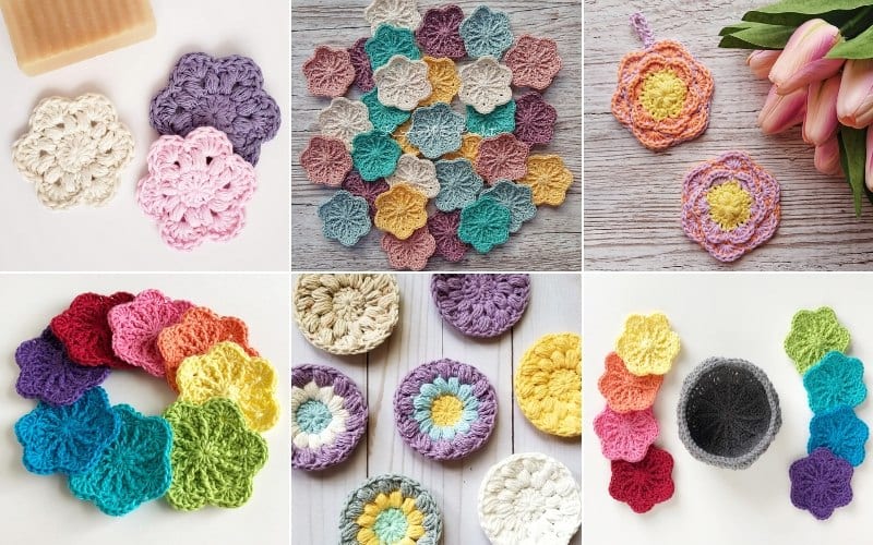 A collage of colorful crocheted flower motifs and patterns, featuring floral face scrubbies, arranged with various items like tulips and yarn.