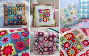 A vibrant collage of six colorful crochet pillows showcases the charm of granny square pillows, each adorned with unique square and floral patterns.