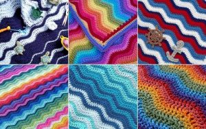 A vibrant collage showcases six colorful ripple stitch crochet blankets in various schemes like blue, red, and rainbow. Perfect for crochet projects enthusiasts, some tools and yarn are visible, hinting at the creative process behind these intricate designs.