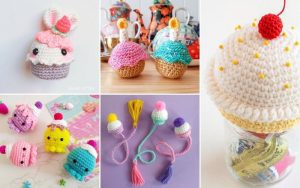 Collage of sweet crochet creations: a cupcake with a cherry, two amigurumi cupcakes with bunny ears, colorful animals, ice cream cone bookmarks, and a cupcake jar cover.