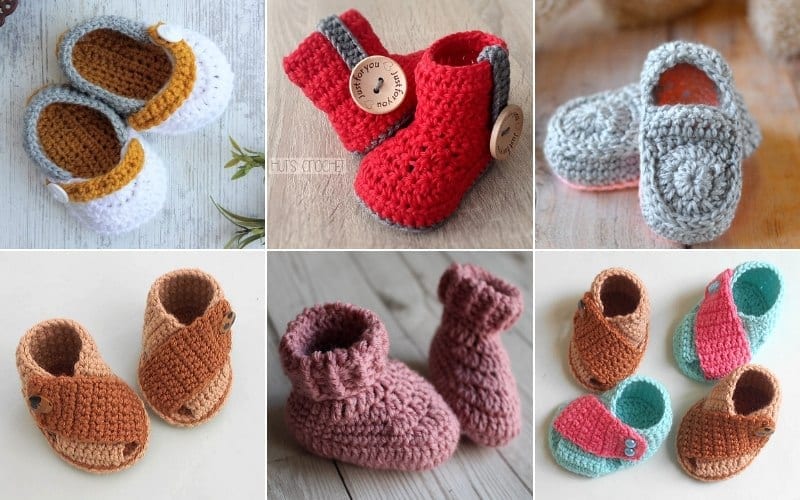 A charming collage of six pairs of crocheted baby booties showcases various colors and styles, such as red, gray, pink, and delightful multicolored designs. Perfect for inspiration, these pieces highlight the potential in free crochet patterns.