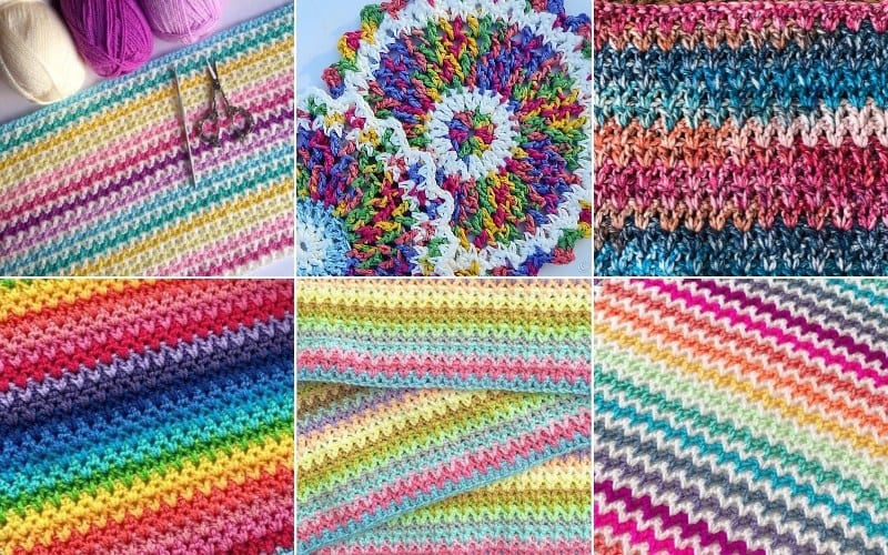 A collage of colorful crochet projects showcases vibrant crochet patterns, including striped and circular designs in various bright hues, highlighting the intricate V-stitch technique.