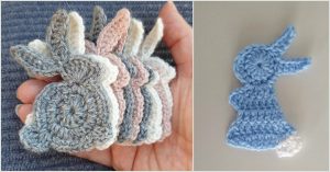 A hand cradles an array of crochet bunny appliques in hues like grey, pink, and blue. Beside it, another image highlights a lone blue crochet bunny resting on a gray backdrop.