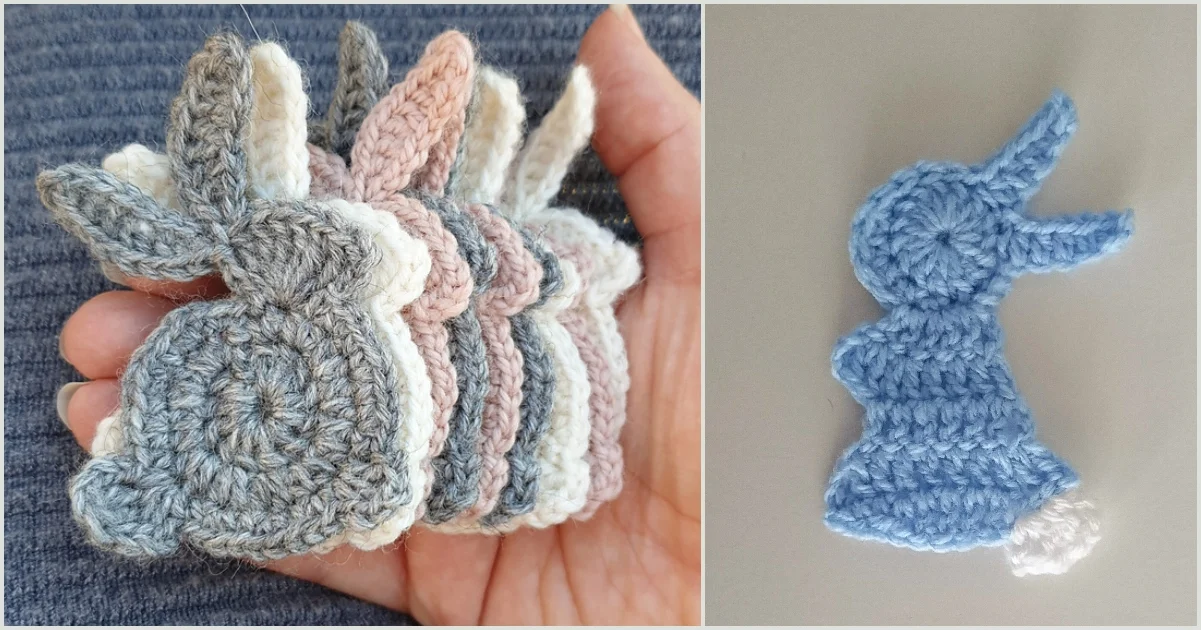 A hand cradles an array of crochet bunny appliques in hues like grey, pink, and blue. Beside it, another image highlights a lone blue crochet bunny resting on a gray backdrop.