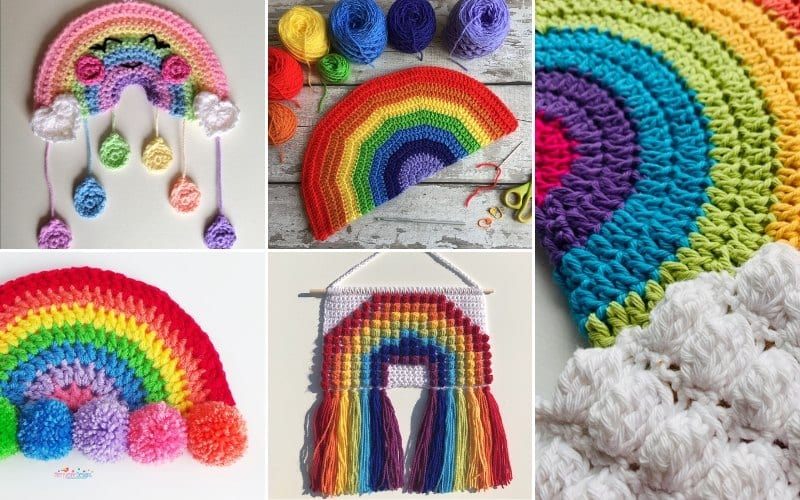 A decorative collage of five crocheted items showcases rainbows, featuring hanging décor and a semicircle piece, all crafted in vibrant rainbow and pastel colors.