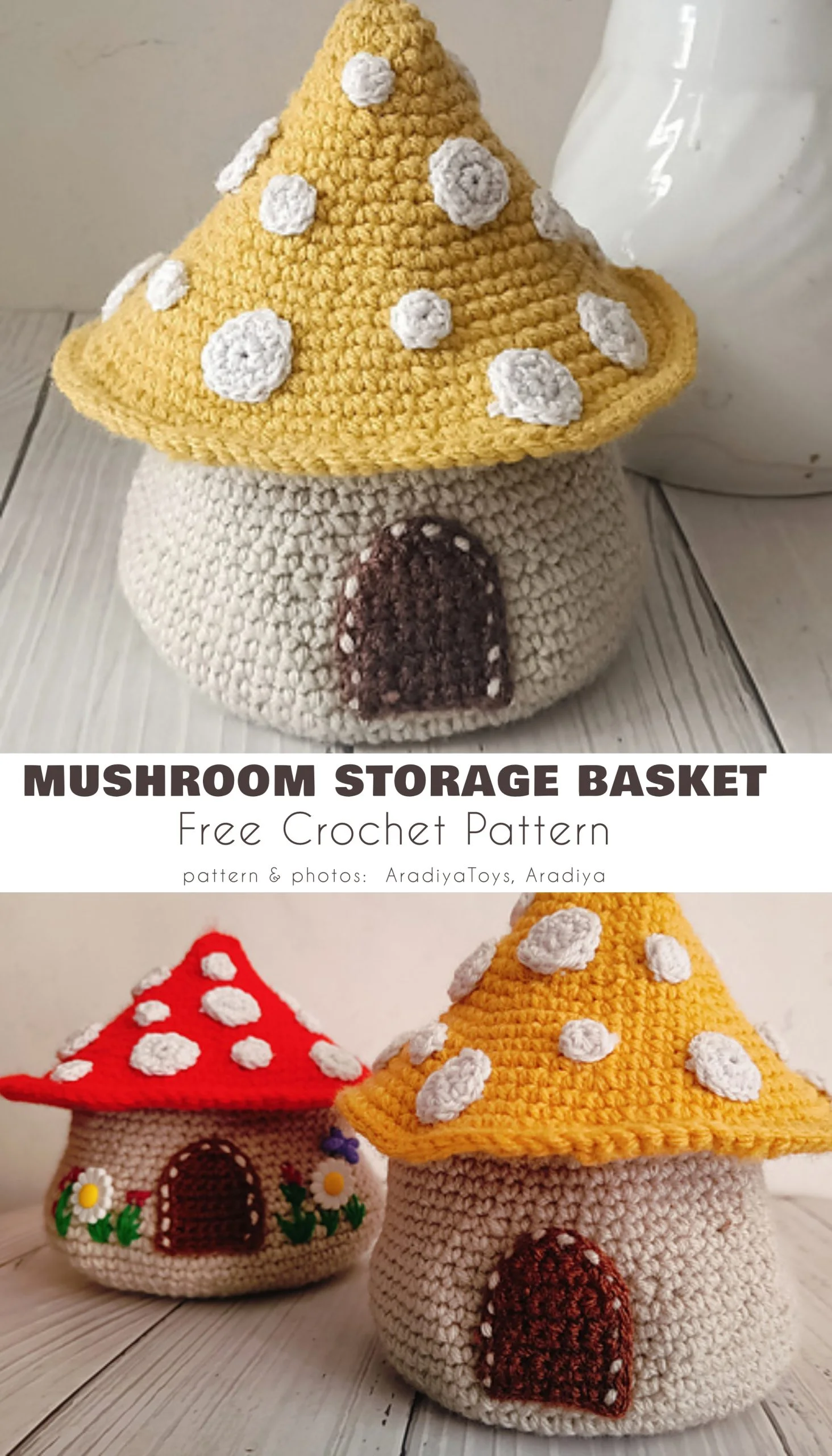 Two crocheted mushroom-shaped storage baskets with spotted caps and door designs, one plain and one adorned with flowers, are displayed as charming examples from our collection of mushroom free crochet patterns.
