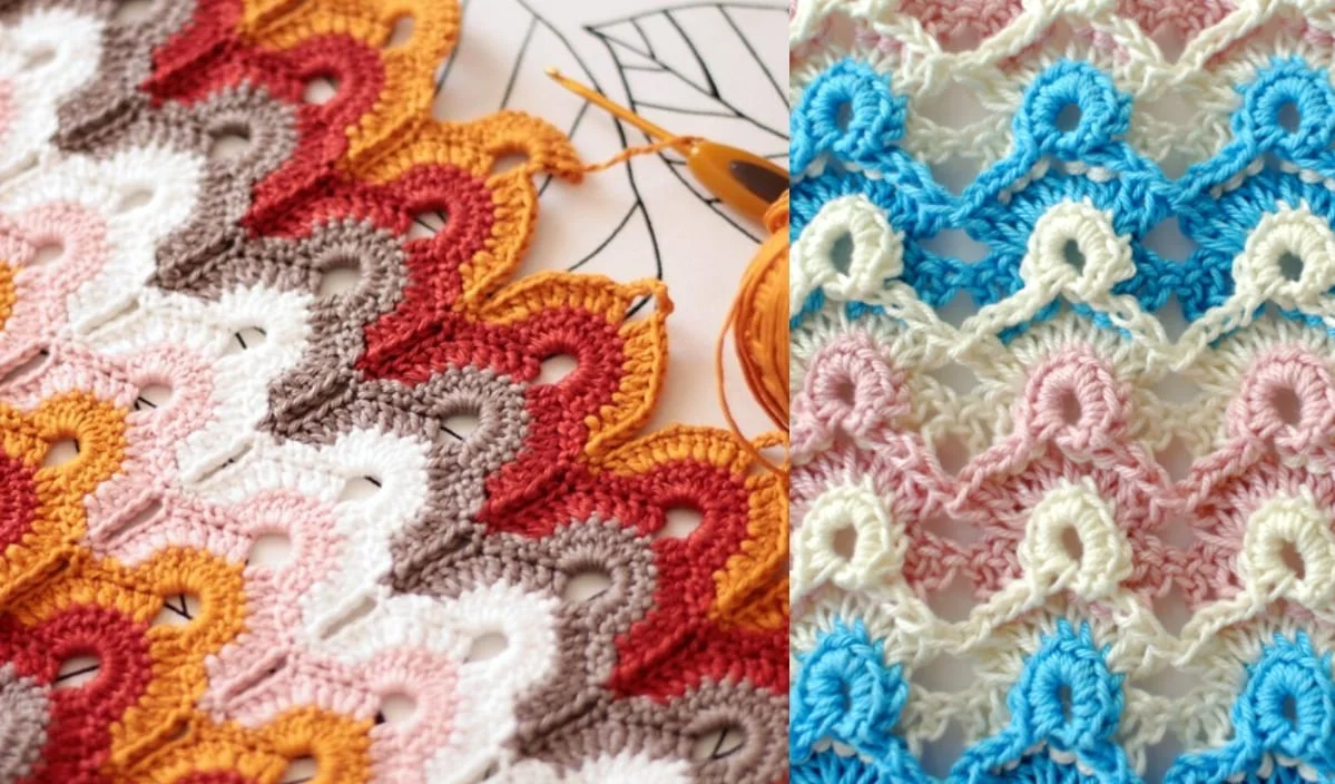 Close-up of colorful crochet patterns featuring a mesmerizing wave stitch, one with warm hues and another with cool tones, displayed side by side.