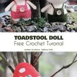 Two crochet toadstool dolls with smiling faces, crafted from mushroom-inspired free crochet patterns, sit cheerfully outdoors. One sports a red cap and the other a green cap, set against a scenic tree background.