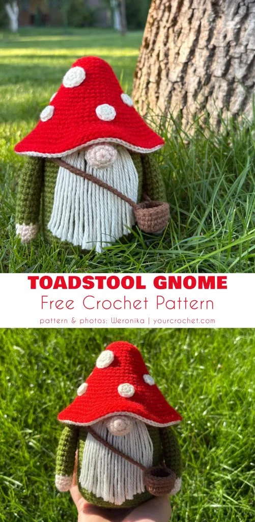 A crocheted gnome doll with a red toadstool hat, white beard, green sweater, and a brown satchel, created using mushroom free crochet patterns, is shown outdoors on grass near a tree.