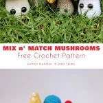 Crocheted mushrooms with various caps and stems are arranged outdoors on grass and displayed indoors on a table. Text reads, 