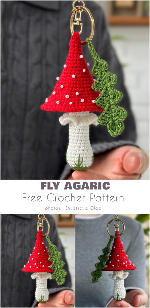 Crochet fly agaric mushroom keychain with a green leaf attachment, inspired by mushroom free crochet patterns.