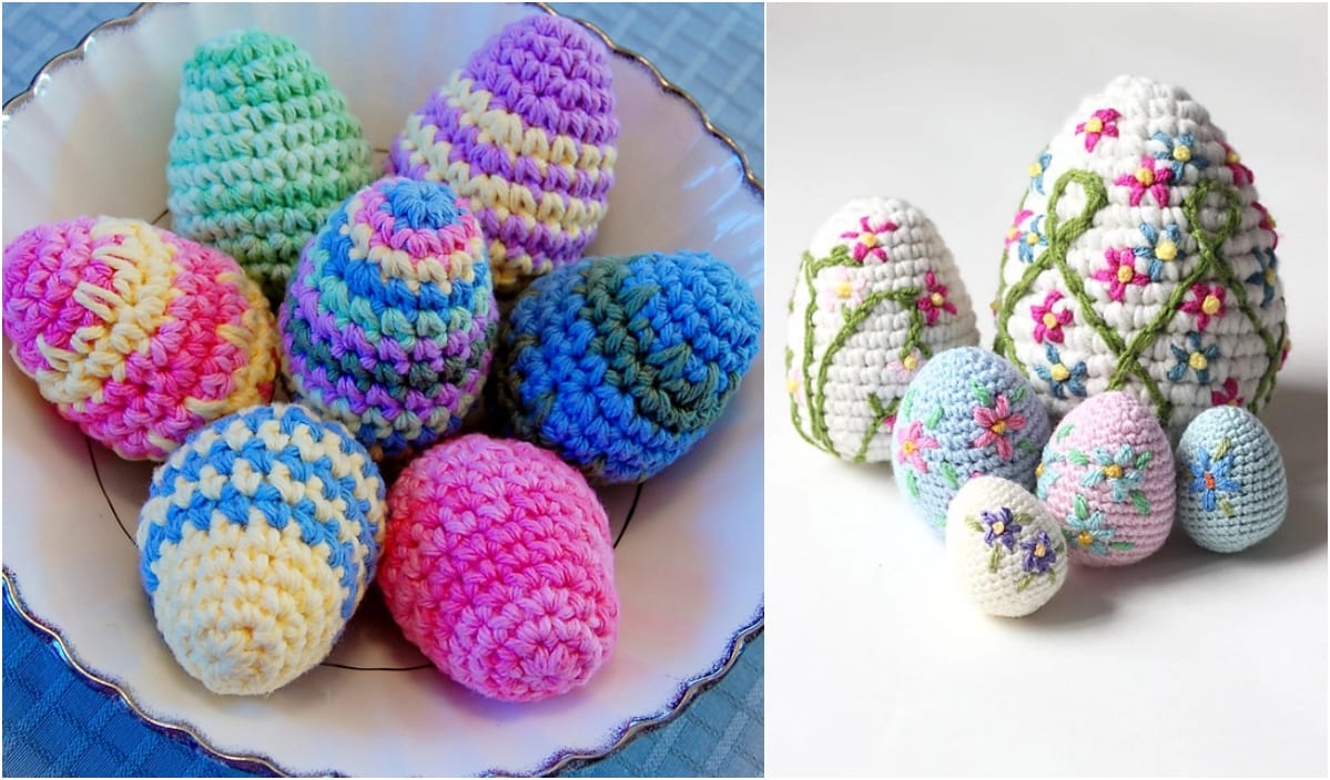 Crocheted Easter eggs: vibrant crochet patterns displayed in a bowl on the left, and floral-patterned Easter eggs of various sizes on the right.