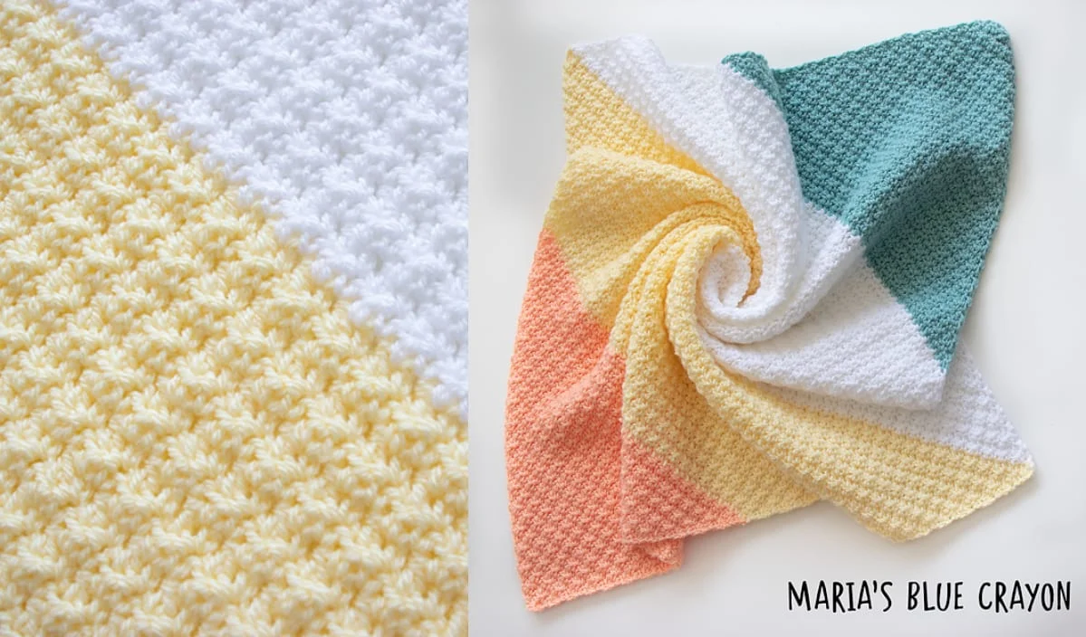 A vibrant, multicolored crocheted spring blanket displays its charm in a spiral, featuring segments of white, yellow, orange, and green. The close-up reveals a textured stitch pattern inspired by free crochet patterns.