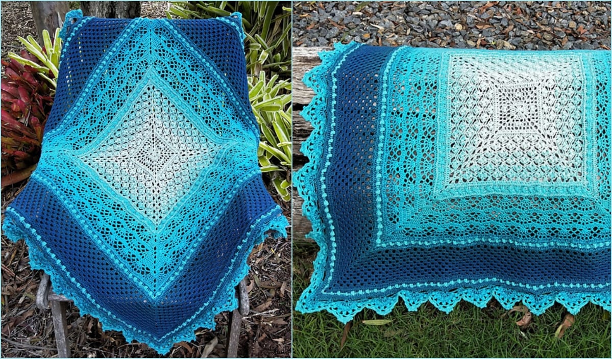 A blue and turquoise sampler blanket with intricate crochet patterns is displayed outdoors, draped over a wooden bench and laid flat on the grass, perfect for those seeking inspiration from free crochet patterns.