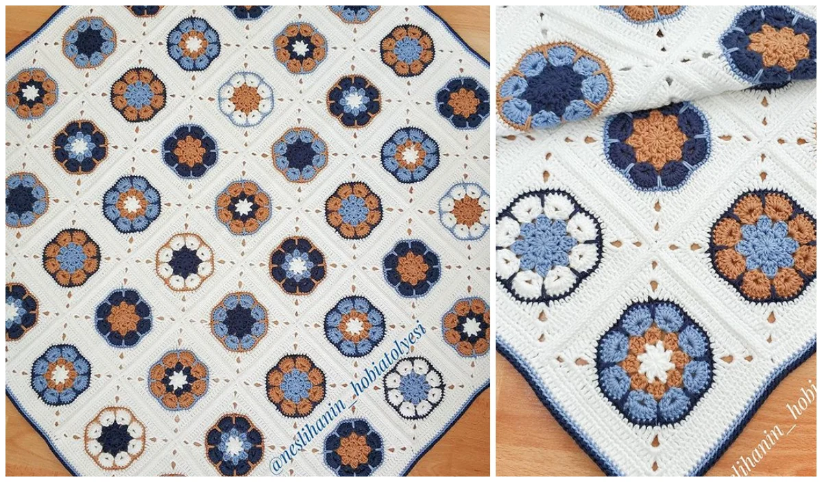 Experience the charm of a crocheted granny blanket, showcasing square patterns with circular floral designs in blue, cream, and brown. Two images capture the full masterpiece and a folded section. Dive into this creation inspired by timeless crochet patterns.