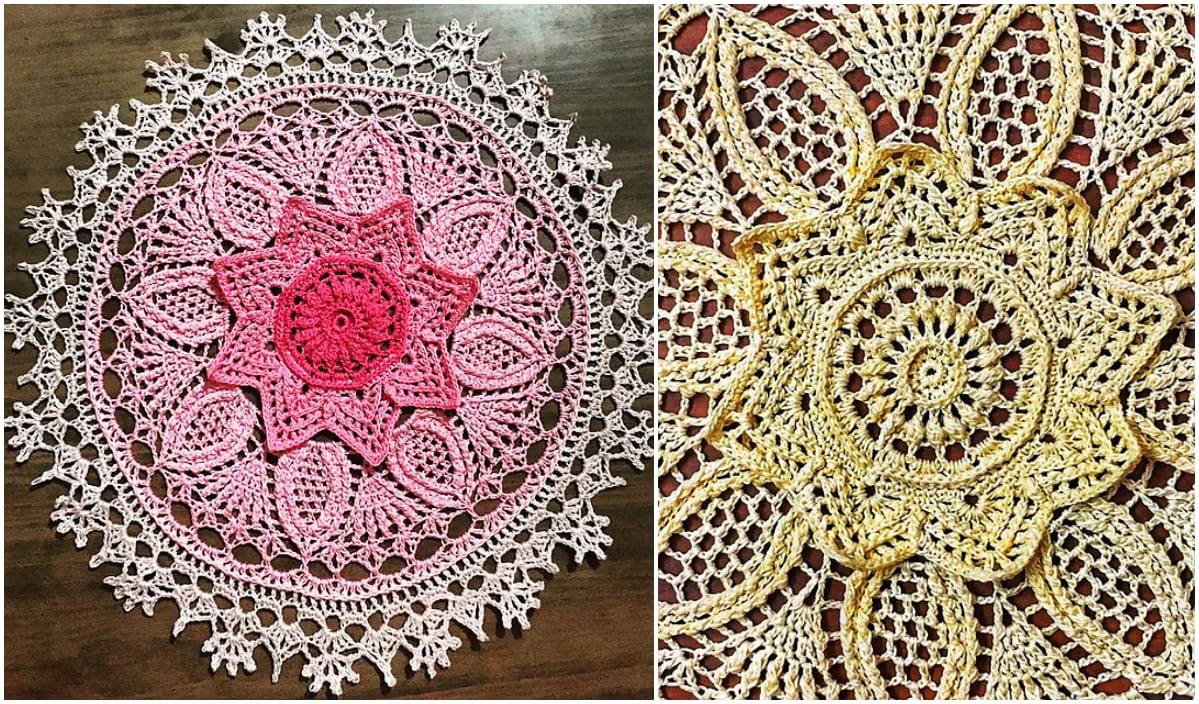 Two elegant doilies, beautifully crocheted with free crochet patterns, grace the wooden surface. The one on the left blooms in pink tones, while its companion on the right radiates with sunny yellow hues.