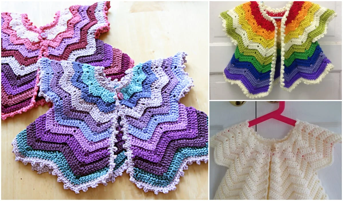 Displayed on a light surface are three vibrant knitted baby cardigans, featuring zigzag patterns in pink, purple, rainbow, and white. Each short-sleeved cardi showcases the charm of handmade craft inspired by free crochet patterns.